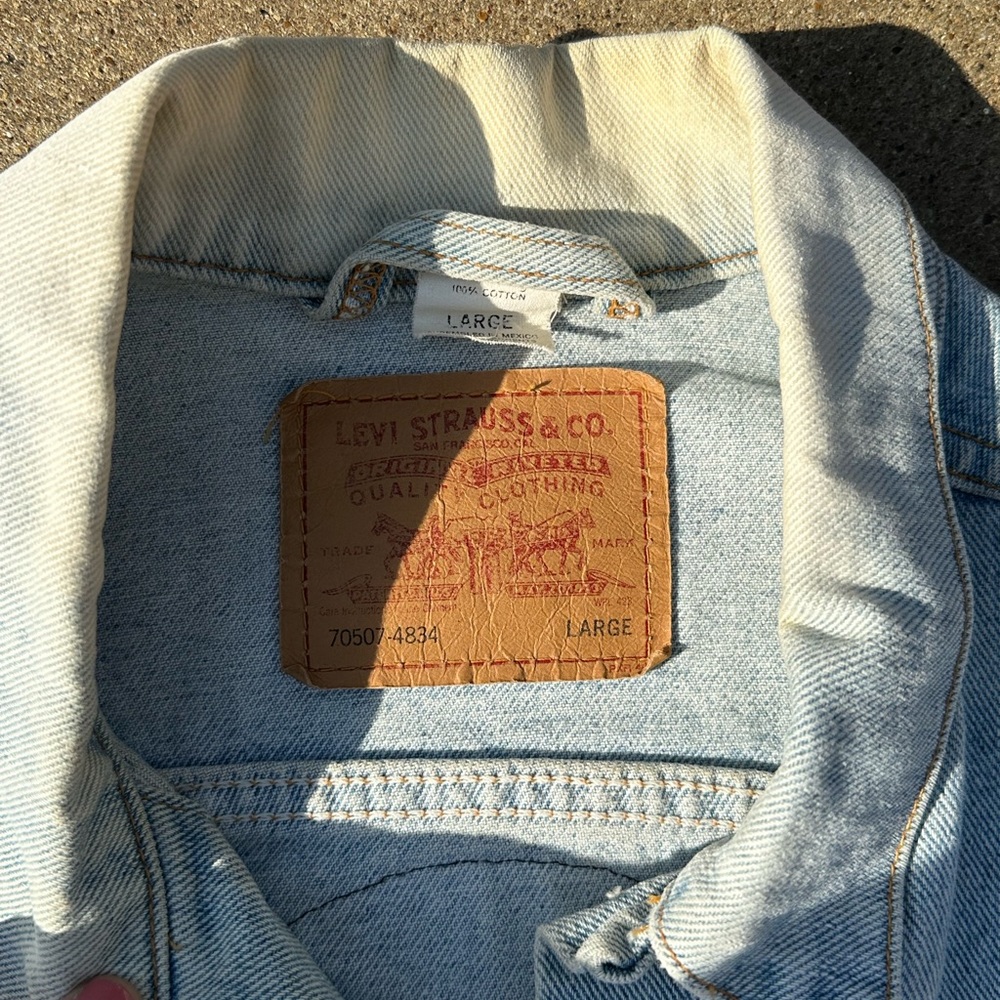 VINTAGE 80s Levi's Denim Jean Jacket Harley-Davidson Patched Made in USA Size L - Picture 7 of 9